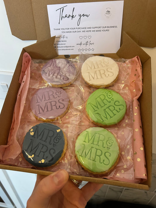 Mr and Mrs fondant topped butter biscuits